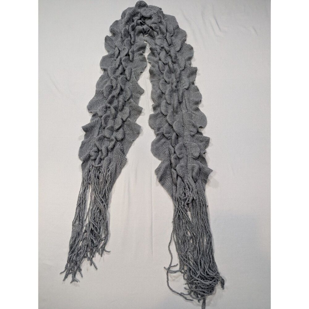 Gray Ruffle Wave Knit Scarf Long Fringe Textured Boho Statement Scarf